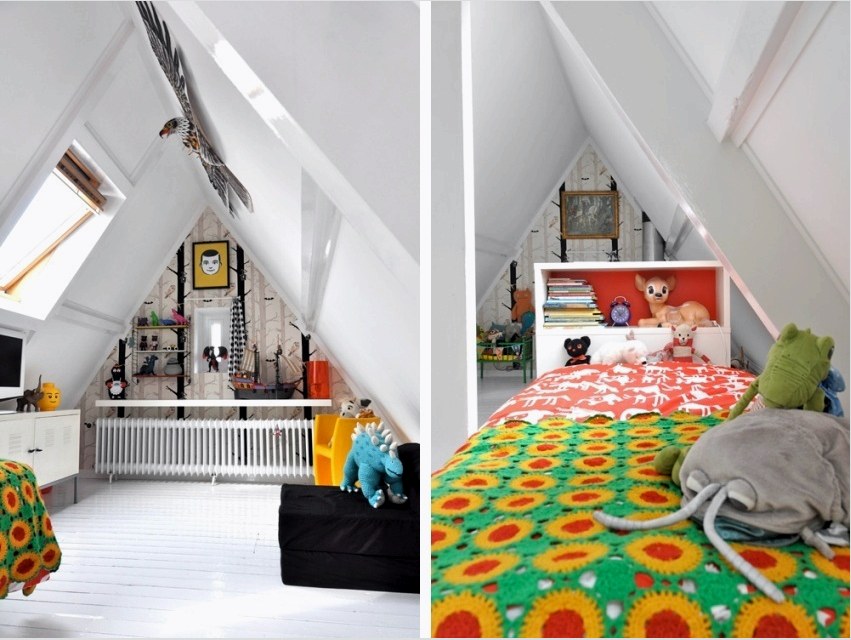 Stílusos példák a fényes és kreatív gyerekszobákra a tetőtérben
