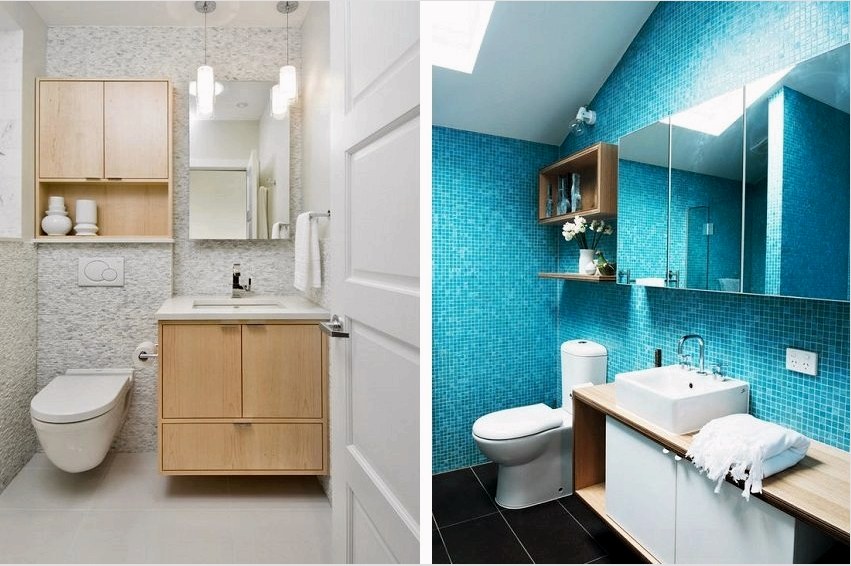 Tükrözött ajtókkal ellátott szekrények funkcionálisak és vizuálisan növelik a kis fürdőszoba helyét