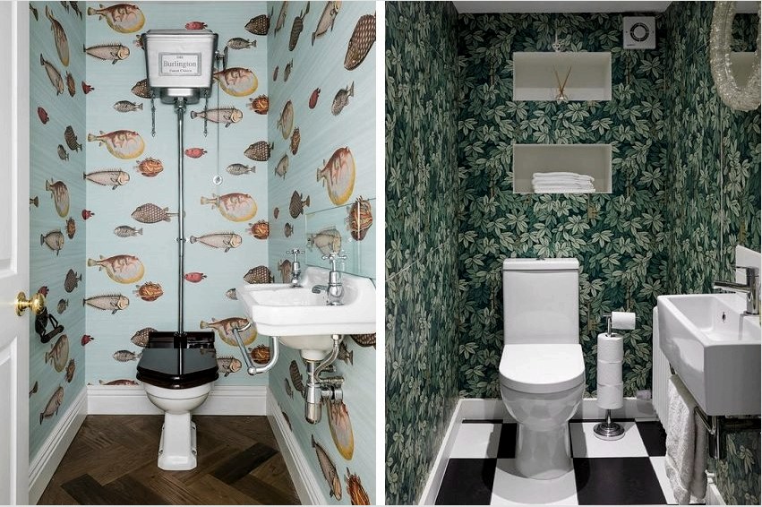 A WC-készülék falait nedvességálló tapéta borítja.