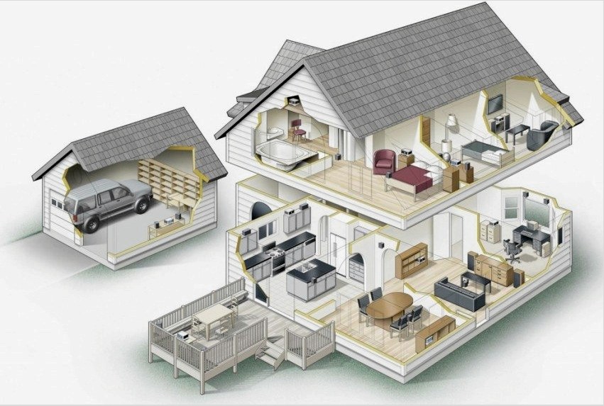 A ház 3D-s terve tetőtérrel, kicsi terasszal és külön garázzsal