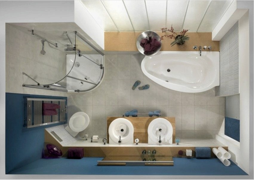 A fürdőszoba 3D-s ábrázolása egy felszerelt sarokkabinnal