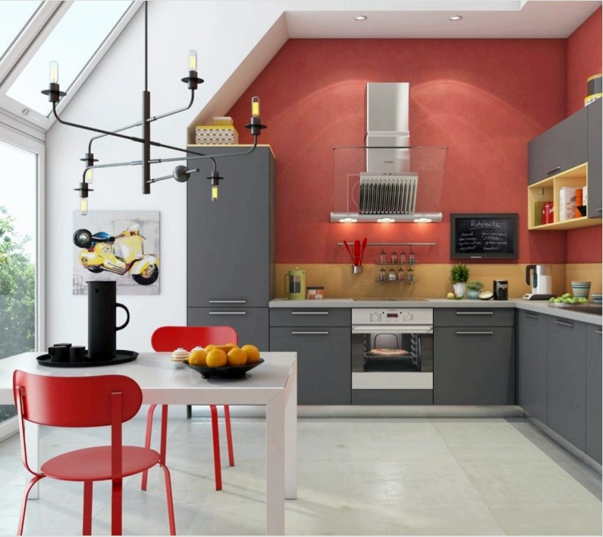 A vörös-sárga kombináció kiválasztása harmonikus lesz egy tágas konyhában