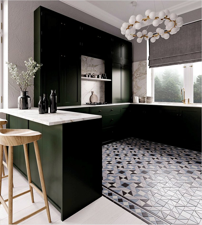 A konyhában a zöld szín alapja, a többi szín pedig annak sikeres hangsúlyozására szolgál.
