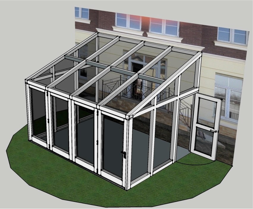 Téglalap alakú áttetsző formatervezés a téli kert kiterjesztése formájában pent tetővel a házhoz