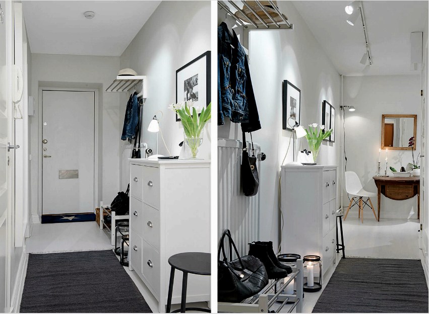 A keskeny folyosó helyének vizuális kiterjesztéséhez jobb, ha a bevonat és a bútor világos színeit használja.