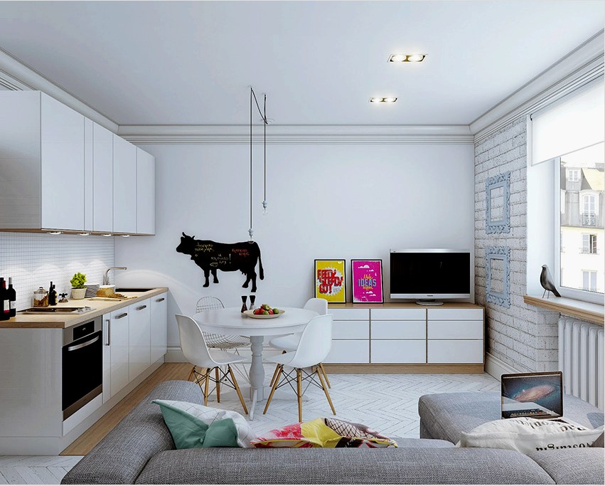 A konyha és a nappali kis apartmanban történő kombinálásával lehetővé válik étkező kialakítása