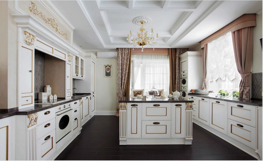 A klasszikus stílusú, a konyha belső stílusát gyakran élénk színek díszítik, és jellegzetes betéttel rendelkezik.
