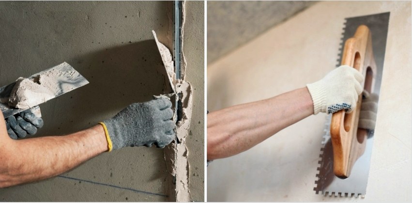 A fal betonfelületének kiegyenlítéséhez beépített jelzőfényeket kell felszerelni és egyenletesen kell felhordni a vakolatot. 