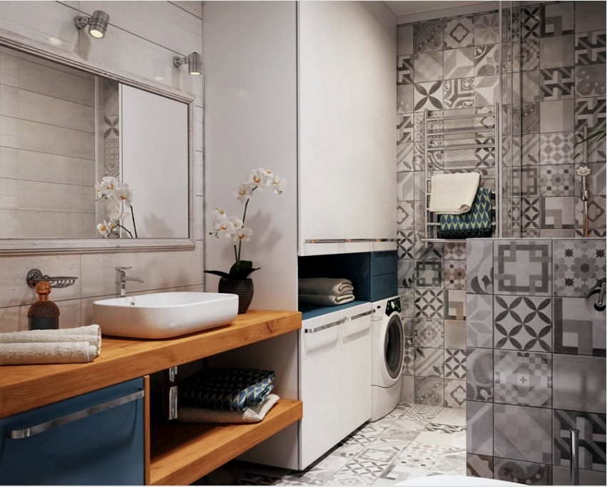 Példa arra, hogy a csempe a patchwork stílusban használja a fürdőszoba díszítését