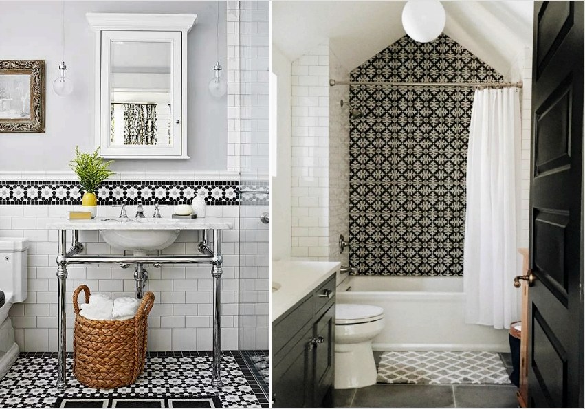 A fekete-fehér mozaik csempe gyönyörűen néz ki a fürdőszoba belsejében 