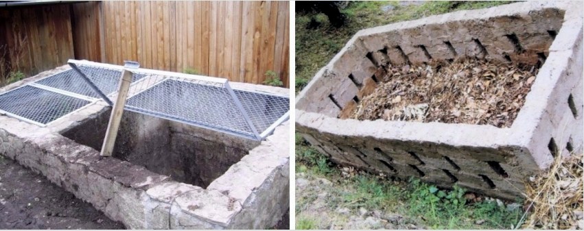 A betonból készült komposzt gödör nem olyan kényelmes, mint egy doboz, de egy ilyen szerkezetet könnyebben el lehet maszkolni a környéken