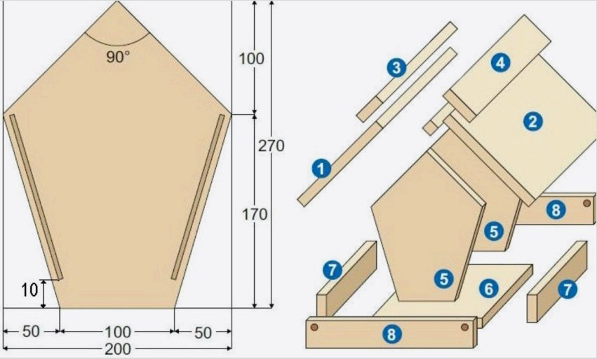 Fából készült etetőválya rajza: 1 és 2 - tető lejtők, 3 és 4 - tető gerinc, 5 és 6 - oldalfalak, 7 és 8 - oldalak