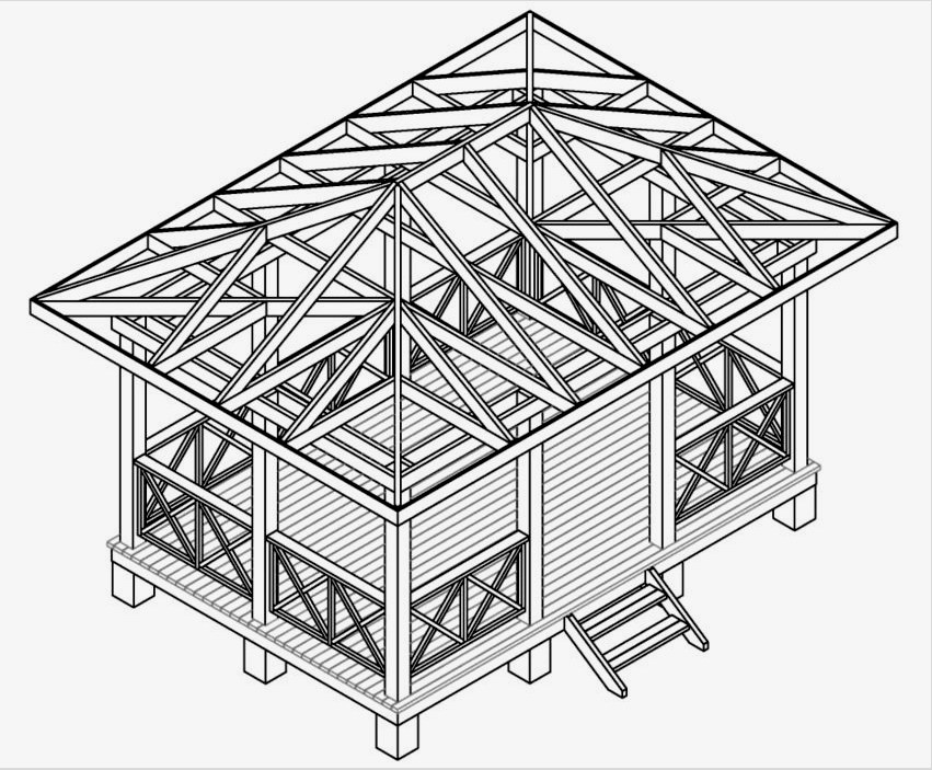 A téglalap alakú, fából készült pavilon, kerítéssel és lépcsőkkel