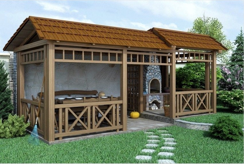 3D-s projekt egy fa kályhával épített fa pavilon felépítésére