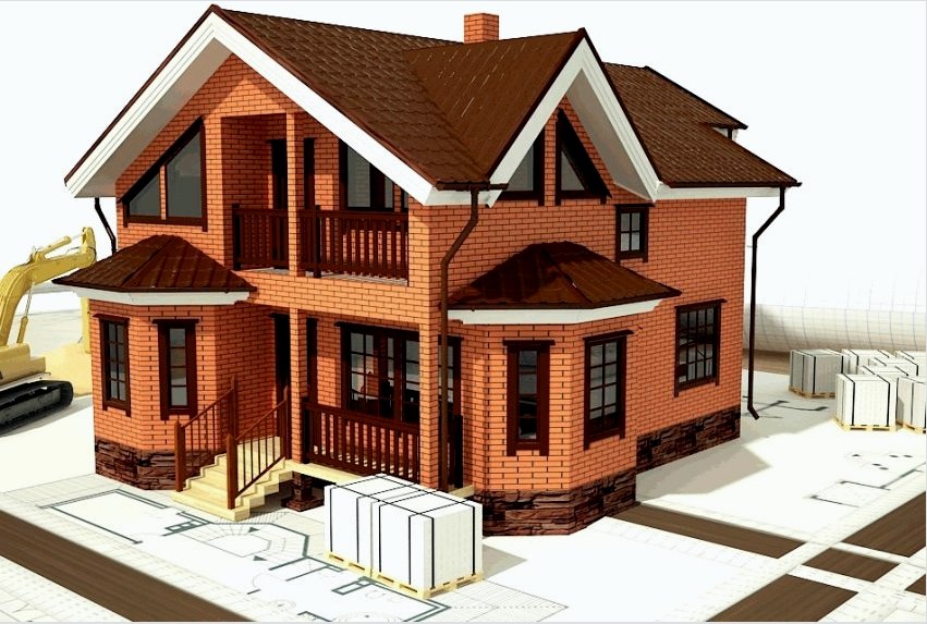 3D-s projekt egy kétszintes vörös tégla ház építéséről