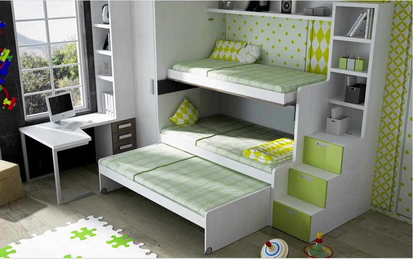 Egy összecsukható átalakítható ágy a gyermekszobában lehetővé teszi, hogy megoldja a több ágy elhelyezésének kérdését 