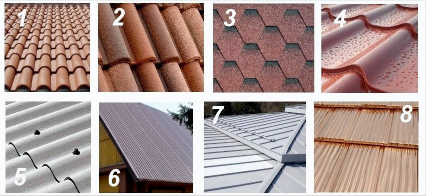 Különböző típusú tetőfedések: 1 - kerámia, 2 - homokkő, 3 - lágy, 4 - fém, 5 - pala, 6 - hullámkarton, 7 - összehajtott tető, 8 - réztető