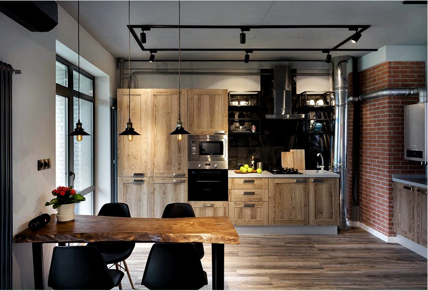 Loft stílusú konyha esetén a bútorok homlokzata kontrasztos a falakkal