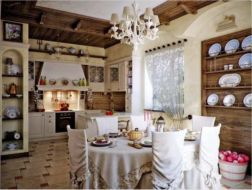 Asztalterítők, légfüggönyök, függönyök, törülközők és szalvéták természetesen érzik magukat a Provence-i konyha konyhájában
