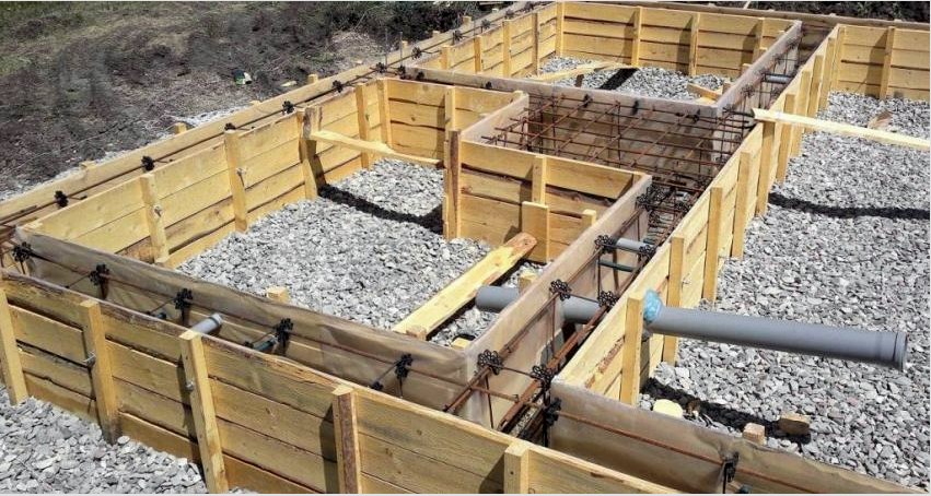 A szalag alapok építéséhez fa zsalukat, acélszerkezeteket és cementet használnak