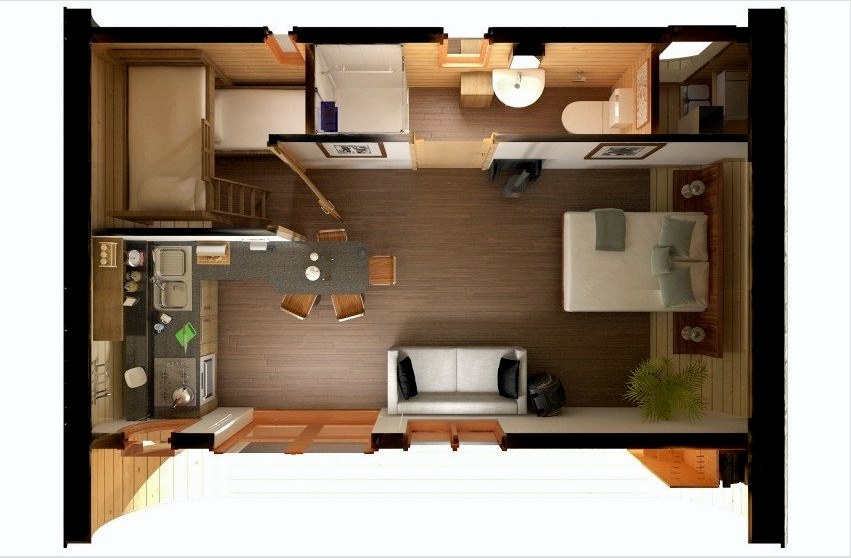 Háromdimenziós tervprojekt egy nyaralóhoz, két szobával, konyhával és fürdőszobával