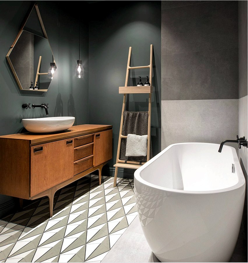 A szürke és a zöld szín kombinációja népszerű a skandináv stílusú fürdőszobában