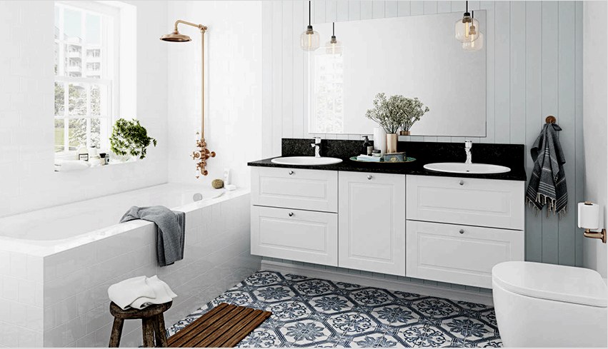 A fényes, látványos padlólapok a skandináv stílusban a fürdőszoba legfontosabb elemei lehetnek