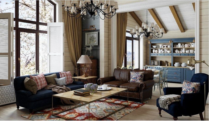 A nappali kényelme érdekében a puha szőnyegeket és az alacsony székeket a klasszikus stílusú gyönyörű lámpákkal kell kombinálni