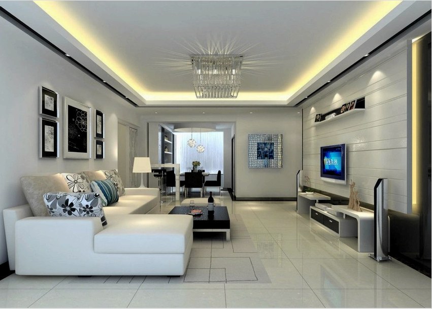 A nappali világítással ellátott nyújtható mennyezet elegáns, szigorú és modern. 