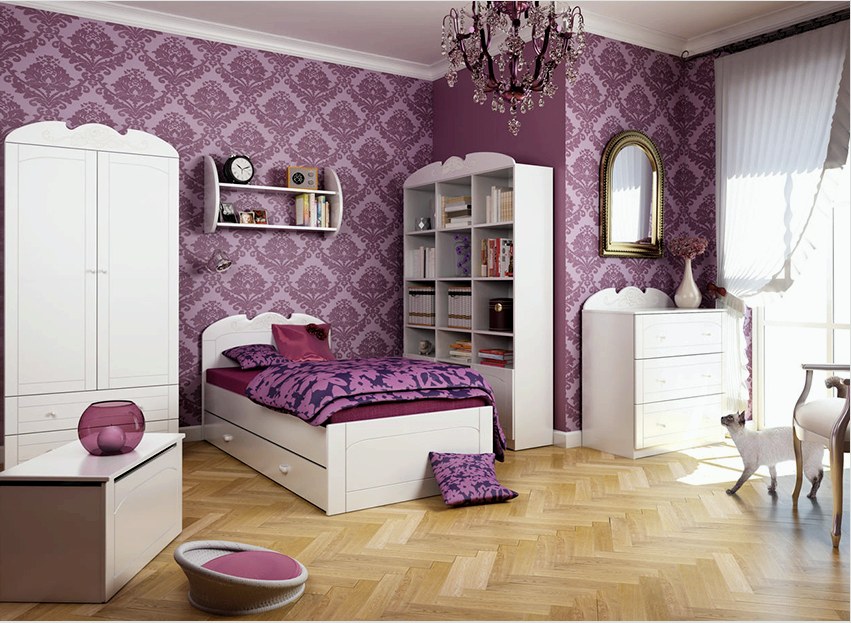 Példa egy szoba díszítésére lila háttérképpel