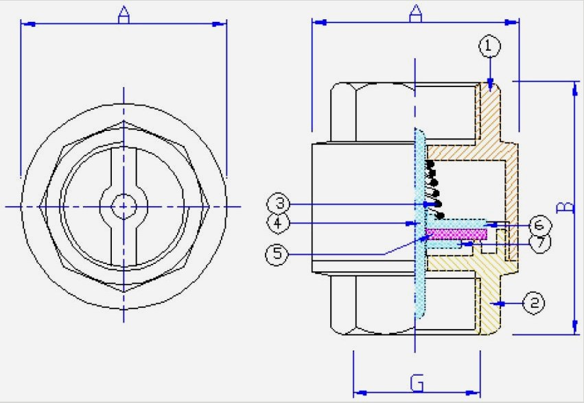A tengelykapcsoló rugó visszacsapó szelep méretei és működési elve: 1 és 2 - ház;  3 - rugó;  4 - műanyag rúd;  5 - tömítőanyag;  6 - felső lemez;  7 - alsó lemez;  A - 34,5-79 mm;  B - 46-80,5 mm;  G - 1 / 2-2 "