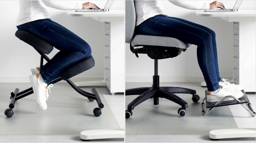 Egy másik lehetőség egy háttámla nélküli ortopédiai szék, amelynek ülése mozgatható csuklópántra van felszerelve.