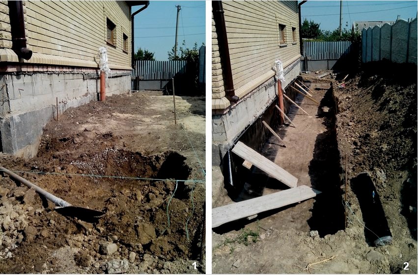 Lépésről lépésre betonvak építésére a ház körül.  1. lépés: a terület megjelölése és előkészítése.  2. lépés: árok ásása, az alap megakadályozása tetőfedő anyaggal