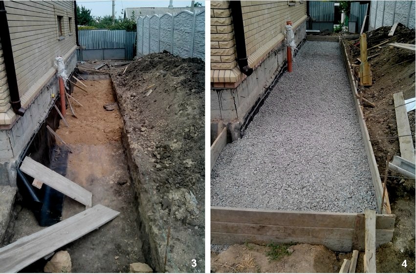 Lépésről lépésre betonvak építésére a ház körül.  3. lépés: 10–15 cm-es agyagrétegek utántöltése réteges szabotéllel (ezt gyakorolják negatív talajjal végzett munka esetén).  4. lépés: zsaluzat felszerelése, 10–12 cm-es zúzott kő elalvási rétege