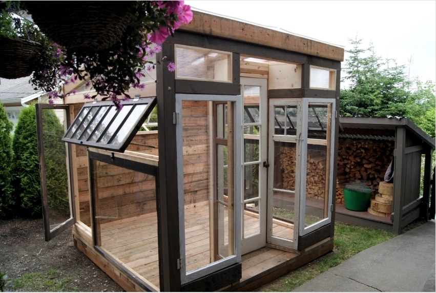 A magas üvegház építése a régi ablakokból és ajtókból lehetővé teszi kényelmes polcok felszerelését mind az alacsony, mind a magas növények termesztéséhez