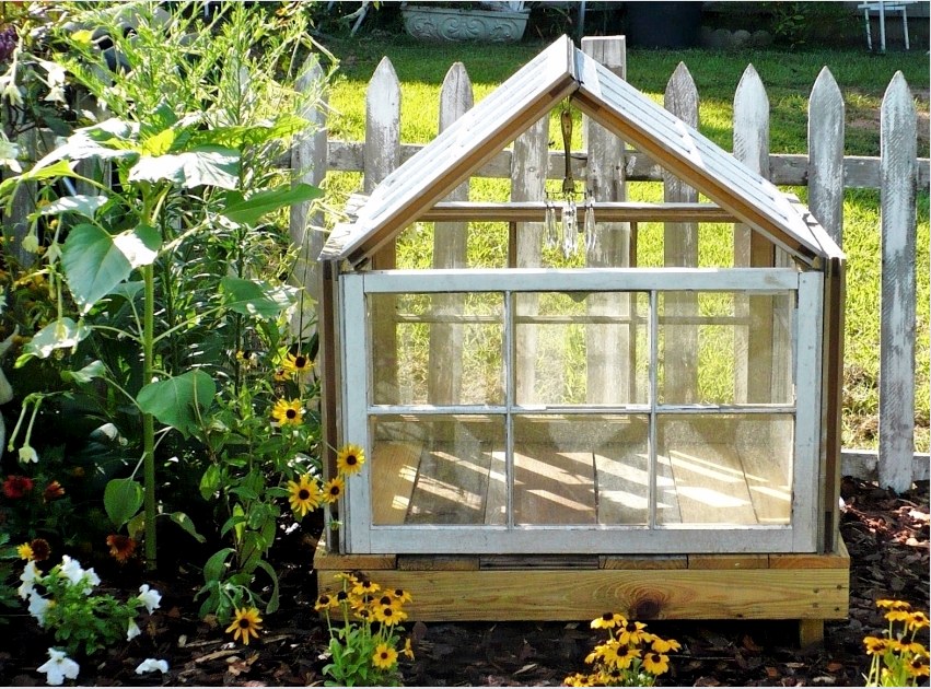A régi ablakkeretekből származó kis üvegházhatás a kert valódi dekorációjává válhat