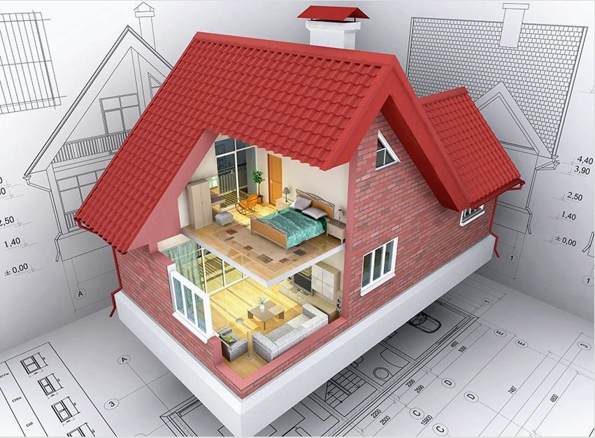 3D-s modell egy tégla ház tetőtérrel