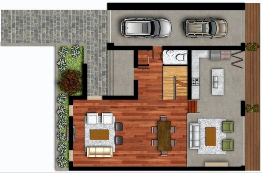 A ház elrendezése 8-től 8 méterre van, két autó számára garázzsal