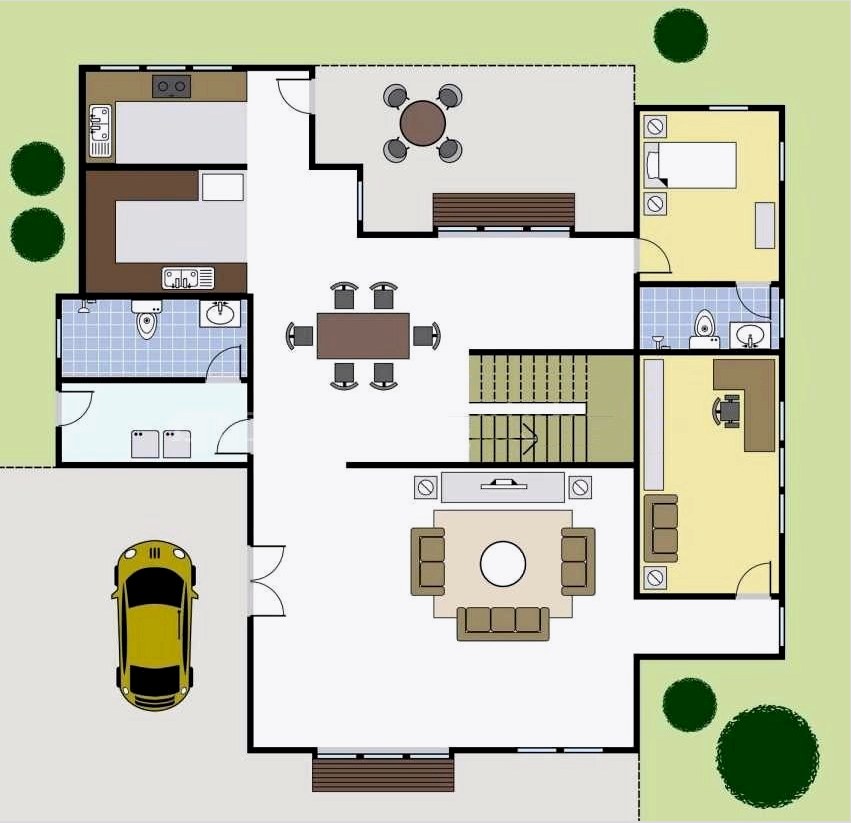 A 8x8 m-es teraszos ház és az autó parkolóhelyének földszintjének elrendezése