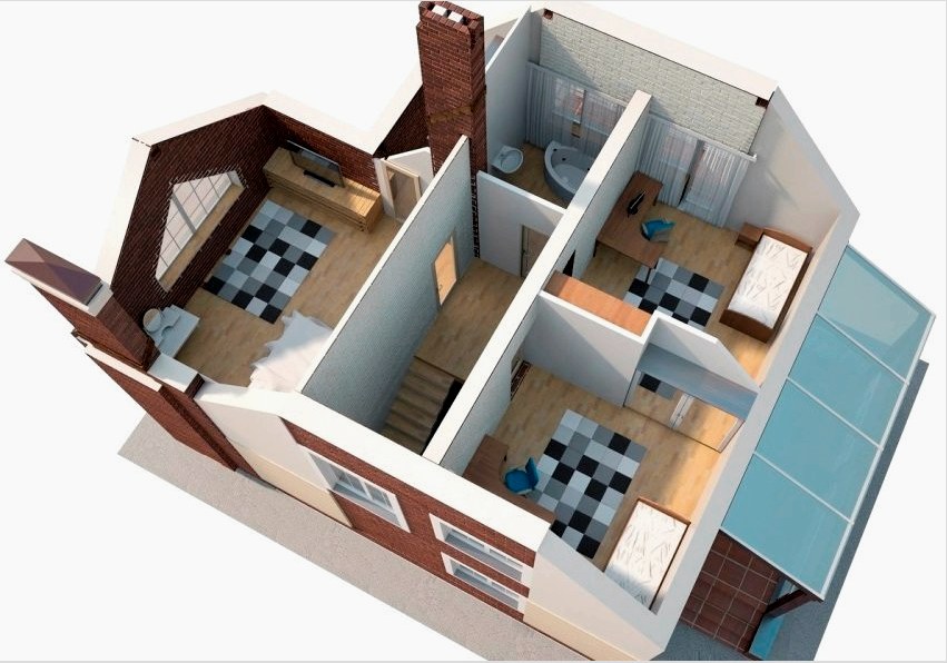 Egy kétszintes ház 8x8 m-es habarcs blokkjainak 3D-s terve