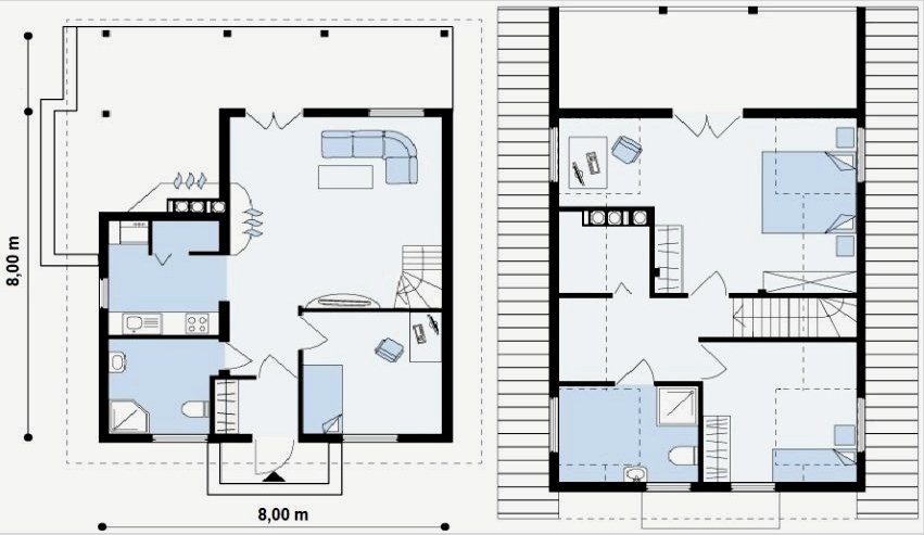 Egy kétszintes, tetőtérrel ellátott 8x8 ház terve: az első és a tetőtér emeleti tervei