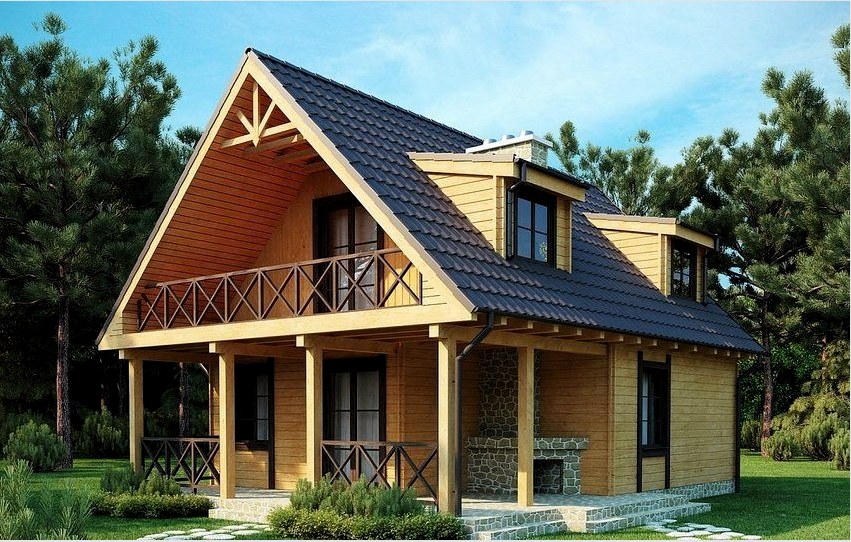 Egy kétszintes tetőtéri 8x8-as ház terve: kilátás a hátsó udvarra terasszal és kőhellyel