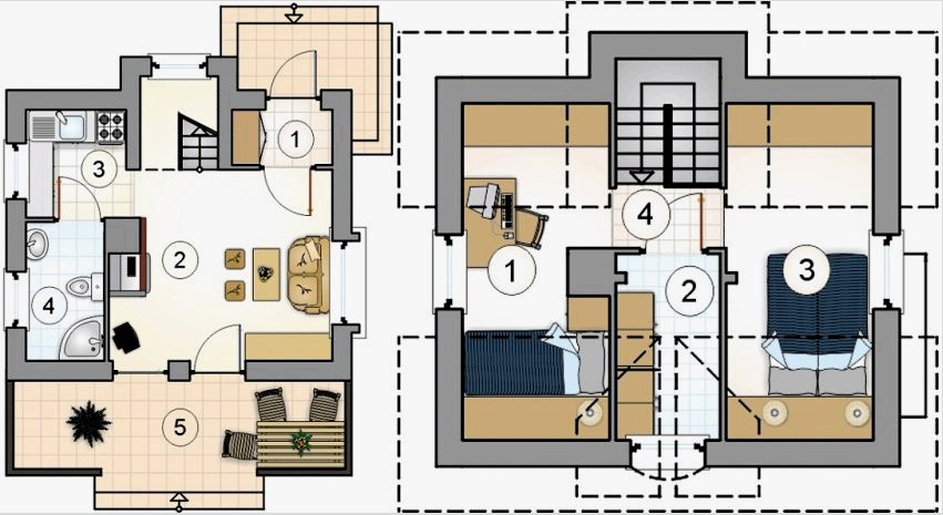1. projekt. Földszinti terv: 1 - előszoba, 2 - nappali, 3 - konyha, 4 - fürdőszoba, 5 - terasz.  A második emeleti terv: 1 - hálószoba, 2 - öltöző, 3 - hálószoba, 4 - lépcsőház