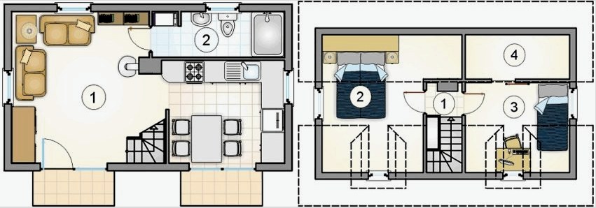 2. projekt. Földszint alaprajz: 1 - konyha-nappali-étkező, 2 - fürdőszoba.  A második emeleti terv: 1 - folyosó, 2 és 3 - hálószoba, 4 - öltöző