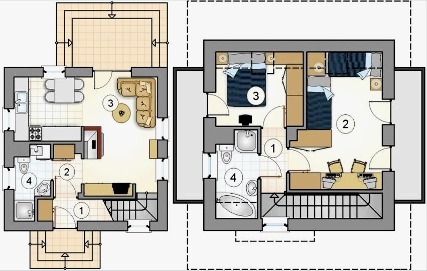 3. projekt. Földszinti terv: 1 - előcsarnok, 2 - folyosó, 3 - konyha-nappali, 4 - fürdőszoba.  A második emeleti terv: 1 - folyosó, 2 - gyermekek, 3 - hálószoba, 4 - fürdőszoba
