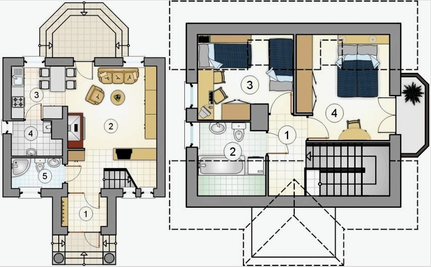 4. projekt. Földszinti terv: 1 - előcsarnok, 2 - nappali, 3 - konyha-étkező, 4 - kamra, 5 - fürdőszoba.  A második emeleti terv: 1 - folyosó, 2 - fürdőszoba, 3 - gyermekek, 4 - hálószoba