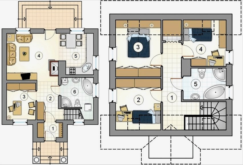 5. projekt. Földszinti terv: 1 - előcsarnok, 2 - folyosó, 3 - dolgozószoba, 4 - nappali, 5 - konyha, 6 - fürdőszoba.  A második emeleti terv: 1 - folyosó, 2 - gyermekek, 3 - hálószoba, 4 - gyermekek, 5 - fürdőszoba