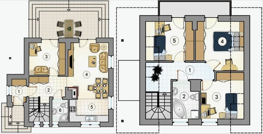 6. projekt. Földszint alaprajz: 1 - előcsarnok, 2 - előszoba, 3 - dolgozószoba, 4 - nappali-étkező, 5 - konyha, 6 - fürdőszoba.  A második emeleti terv: 1 - folyosó, 2 - fürdőszoba, 3 - gyerekek, 4 - hálószoba, 5 - gyerekek