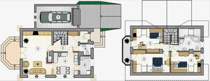 7. projekt. Az első emeleti terv: 1 - előcsarnok, 2 - lépcsőház, 3 - nappali, 4 - konyha-étkező, 5 - kamra, 6 - WC, 7 - garázs.  A második emeleti terv: 1 - folyosó, 2 - gyermekek, 3 - hálószoba, 4 - gyermekek, 5 - fürdőszoba