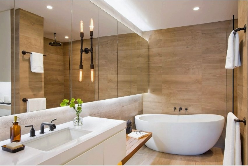 A fürdőszoba kialakításának egyik modern módja a természetes anyagok utánzatait csempe használata.